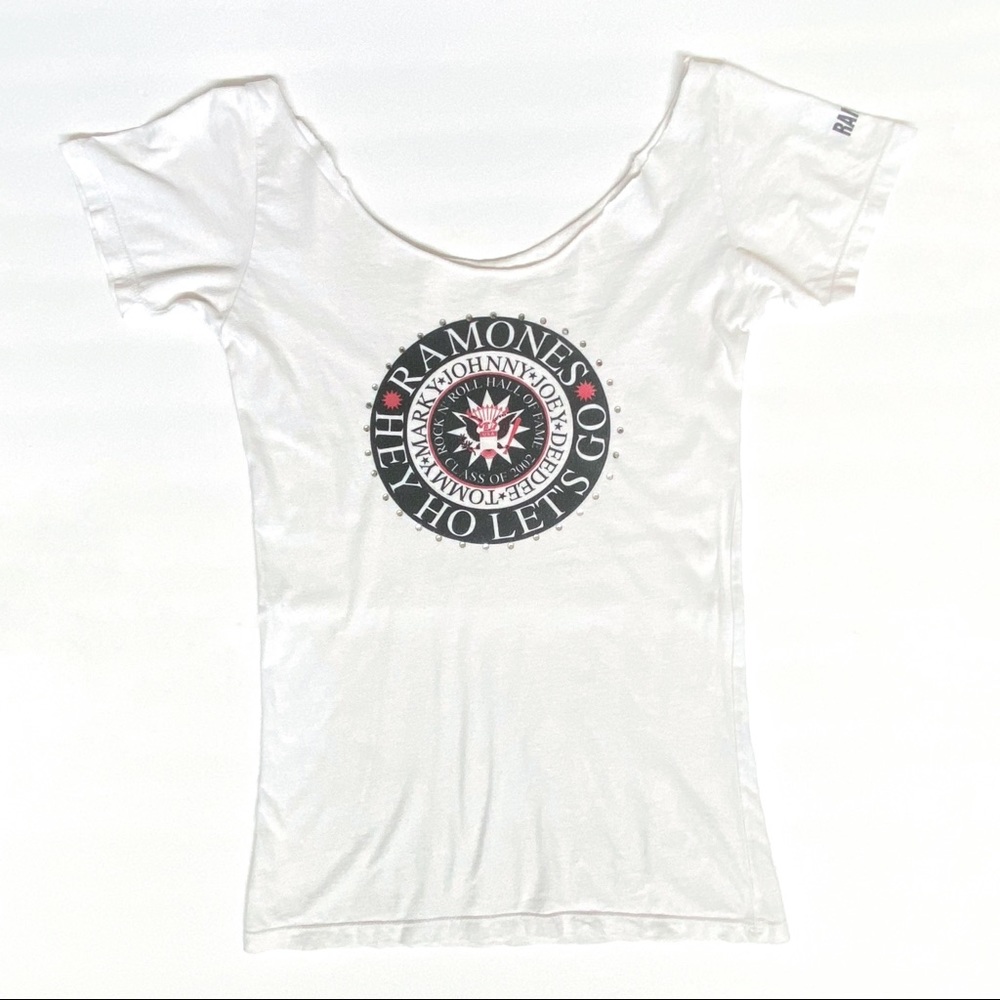 Vintage the ramones white black red rhinestone scoop neck short sleeve shirt top